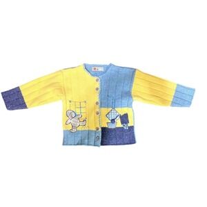 Sezgin Kids Vintage Style Colorblock Teddy Bear Cardigan Sweater Blue Yellow 2T